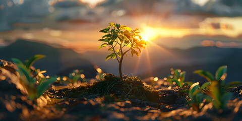 A plant with green leaves sprouting from the ground.
