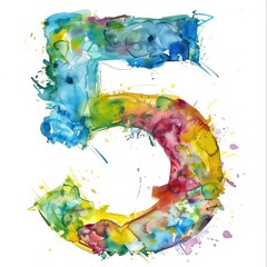 5 five number in watercolor painting on a white background