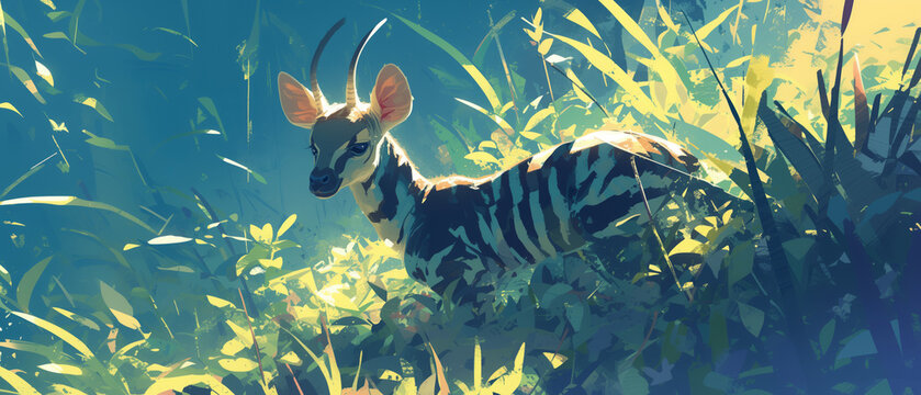 A baby okapi exploring its habitat in the African forest, cute animal illustration wallpaper