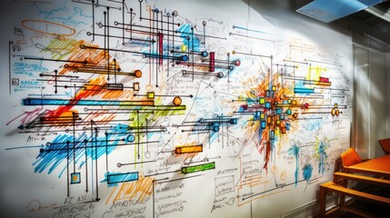 Vibrant conceptual wall art depicting complex processes with colorful lines and annotations
