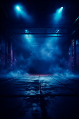 Generative AI image of a dark empty street, dark blue background, an empty dark scene, neon light, spotlights