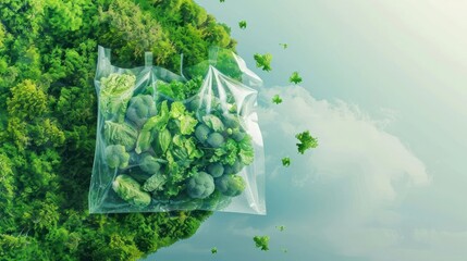 The image shows a plastic bag full of vegetables floating in the sky, with a forest in the background