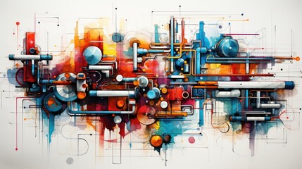 Abstract industrial artwork with colorful pipework and dynamic elements on a white background
