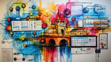 Artistic rendition of an urban landscape with colorful architectural sketches and digital interfaces
