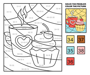Solve the problem, color the picture. Red cup and cherry cupcake. Coloring book. Vector