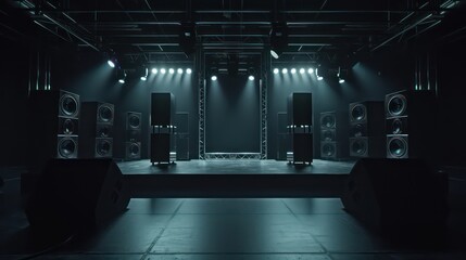 stage with concert speakers on black background