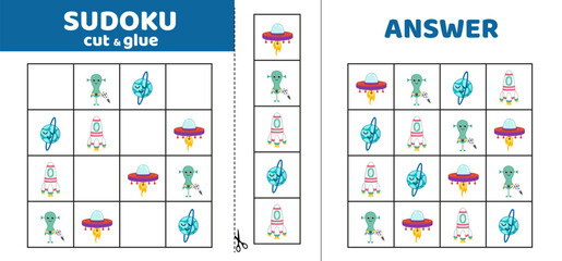 Sudoku with four space elements. Game puzzle for little kids. Cut and glue. Cartoon