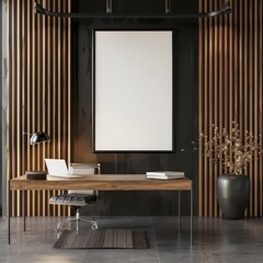 blank poster frame in a office, wooden walls and furniture