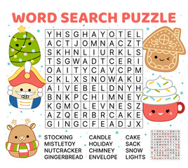 Word search game puzzle for kids. Nutcracker, Christmas, coockie. English words. Cartoon, vector