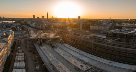 Huge Rail Baltic construction sight project in progress in Riga, Latvia. Building a main central...