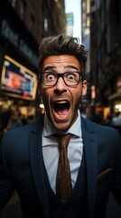 A businessman surprised by sudden stock market gains, mouth open in amazement