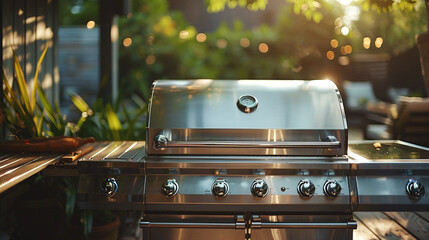 A sleek stainless steel barbecue grill stationed just outside the kitchen, ready for outdoor cooking adventures.