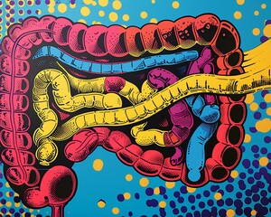 a diagrammatic representation of the digestive system in a pop art style, with bold outlines and comic book dots 3d illustration