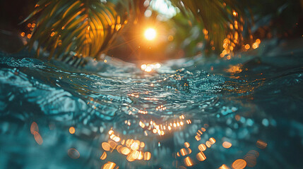 close-up of a palm tree in the water with the sun shining, featuring cinematic underwater elements and volumetric light




 - Powered by Adobe