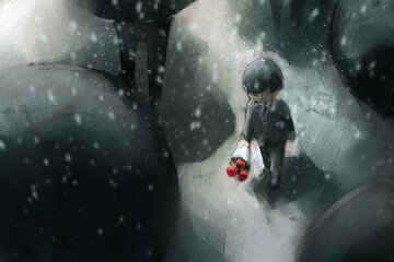 Boy in a suit holding a bouquet of red roses, walking in the rain, digital art painting, loosely painterly style. 