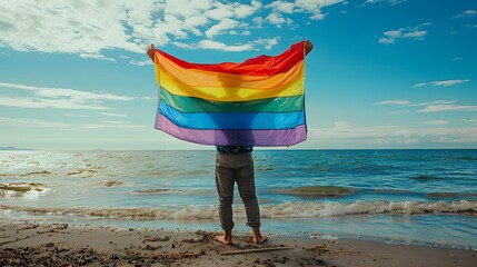 A man holding a giant rainbow flag in front of the ocean, flag is waving in the air. Lesbian, Gay, Bisexual, Transgender, Queer, Intersex, and Asexual concept image