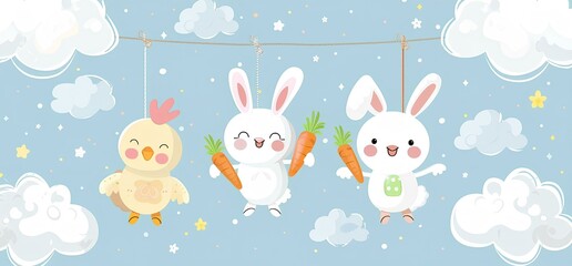 Cute Easter bunny with carrot and chicken on the rope cloud background. Happy Easter concept.