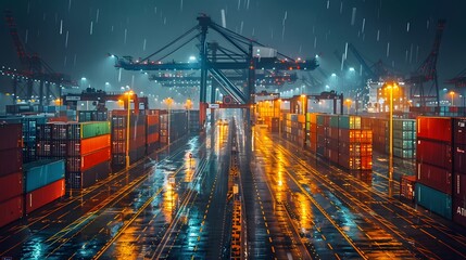 The logistics of international container cargo shipping is depicted, featuring a cargo plane amidst a bustling container yard. This image illustrates the intricacies of freight transportation 