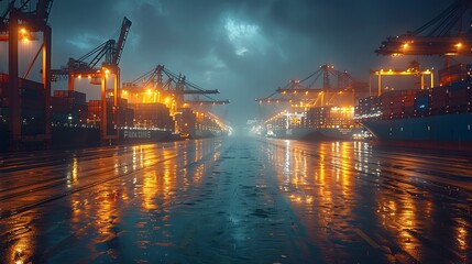 The logistics of international container cargo shipping is depicted, featuring a cargo plane amidst a bustling container yard. This image illustrates the intricacies of freight transportation 