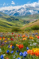 Bright colors, nature, vast grasslands, colorful flower seas, red, yellow, blue, and other colors of flowers, mountain slopes, blue sky and white clouds, snowy mountains in the background
