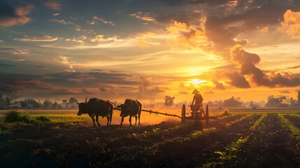 Silhouette of A farmer plowing a field with two oxen at sunset
