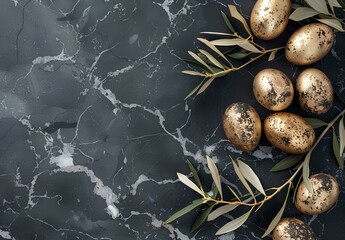 Golden easter eggs with gold leaves on black marble background. Top view with copy space. Happy Easter concept 