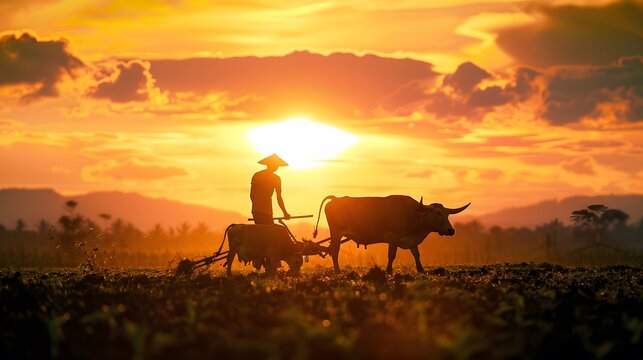 Silhouette of A farmer plowing a field with two oxen at sunset
