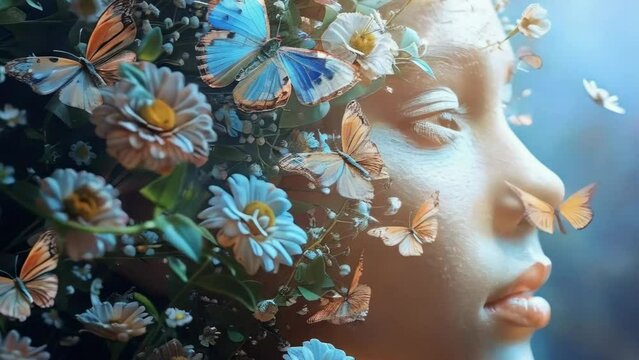 A woman's face is covered in flowers and butterflies, mental health concept