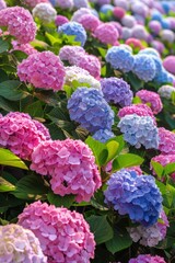 Fototapeta premium The hydrangeas are all over the hills, pink, blue, white, purple. 