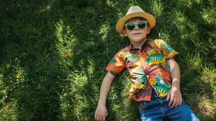 A young boy wearing sunglasses, a straw hat, and colorful clothing sits on the grass