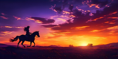 painting of horseback rider silhouette against a sunset in vibrant colors