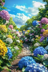 Obraz premium The hydrangeas are all over the hills, yellow, blue, white, purple. Very bright. 3D super realistic style, perfect details, 