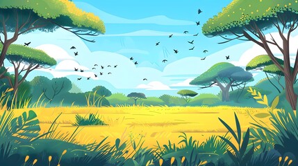 Tranquil savanna landscape with lush trees and birds in flight