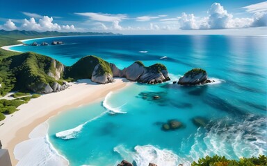 Top view of tropical beach waves and beautiful sea on a sunny day. coastal marine space