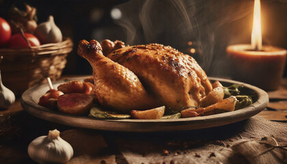 Baked whole chicken with vegetables close-up on plate on table. Delicious roasted poultry meat dinner.