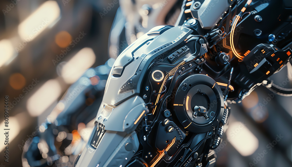 Poster capture a sleek, metallic exoskeleton from a low angle, showcasing its intricate circuit patterns in
