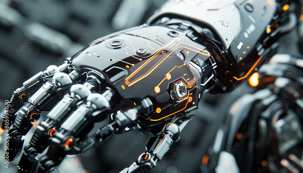 Poster capture a sleek, metallic exoskeleton from a low angle, showcasing its intricate circuit patterns in