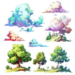 clouds  and floating islands for kids game on white background
