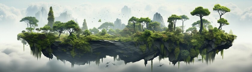 A mystical floating island with waterfalls, trees, and wildlife.