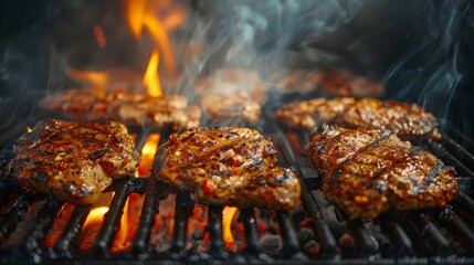 Juicy grilled burgers cooking on an open flame, embodying the essence of summer barbecues and outdoor cooking. Concept of culinary delight, summer gatherings, and comfort food.
