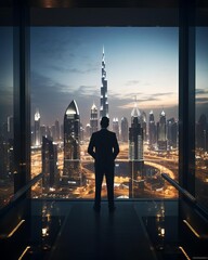 A man in a suit stands in a modern city, looking out at the view.