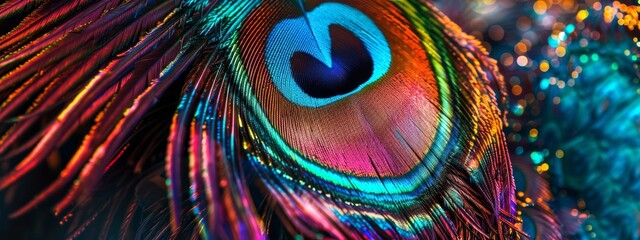 Vibrant peacock feather background or banner with copy space, showing iridescent eyes and intricate patterns.