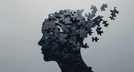 Man's head fragmented into puzzle pieces. The concept of Alzheimer's disease, dementia, memory loss and mental health.