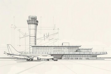 digital blueprint drawing of airplane parking near terminal building