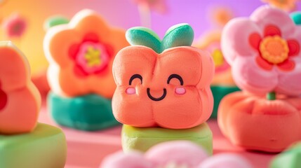 plush flowers with a smiling kawaii face placed on different color cubes, very cute, greens pinks and coral colors, dopamine