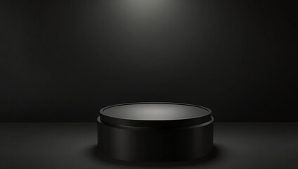 Abstract black stage with one round podium in light beam with light spot mockup for product display