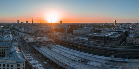 Huge Rail Baltic construction sight project in progress in Riga, Latvia. Building a main central...