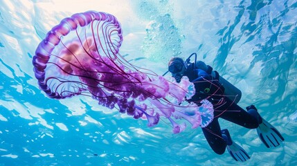 Underwater exploration scene featuring a diver with a vibrant pink jellyfish, highlighting the adventurous aspect of marine life discovery
