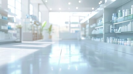 Blurred background image of a white pharmacy store. Pharmacist and medicine concept.