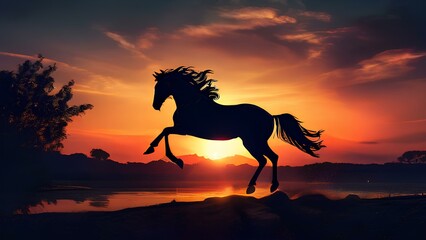 Dusk's Leap: Majestic Horse Soaring Against the Sunset. AI Generated